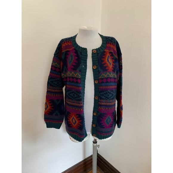Y2K VTG Nomadic Traders Cardigan Sweater Geometric Aztec Knit Boho Wool Peru - Picture 5 of 15